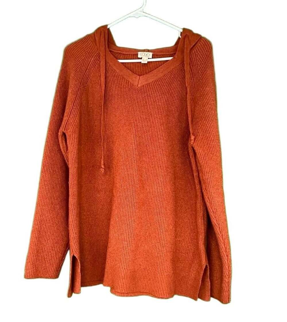 LOGOS Lori Goldstein Hoodie Sweater Size L Rust Orange Knit Pullover V-Neck